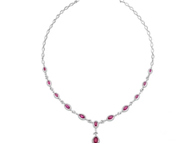 Naszyjnik z białego złota z brylantami i rubinami - próba 585