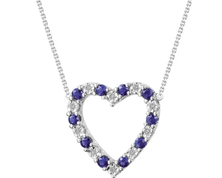 Naszyjnik z białego złota z diamentami i szafirami - serce - próba 585