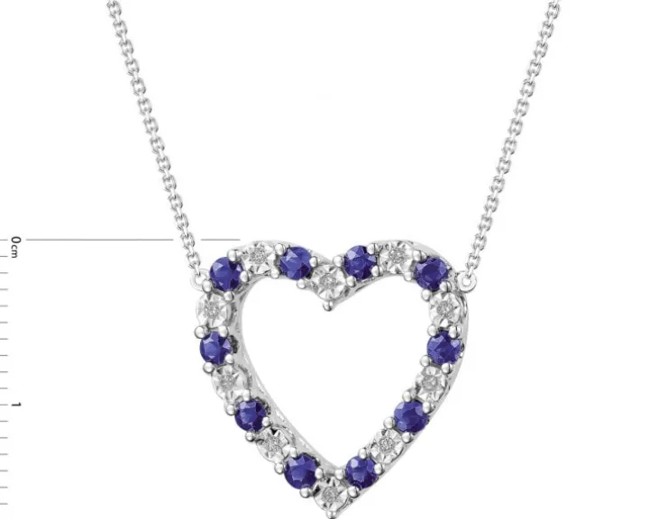 Naszyjnik z białego złota z diamentami i szafirami - serce - próba 585