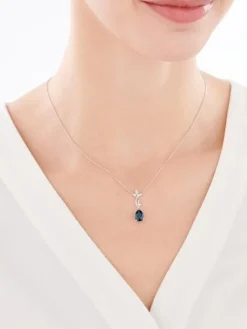 Naszyjnik z białego złota z diamentem i topazem London Blue - liść - próba 585