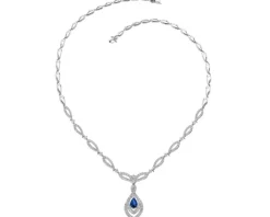 Naszyjnik z białego złota z brylantami i szafirem - 45 cm - próba 750