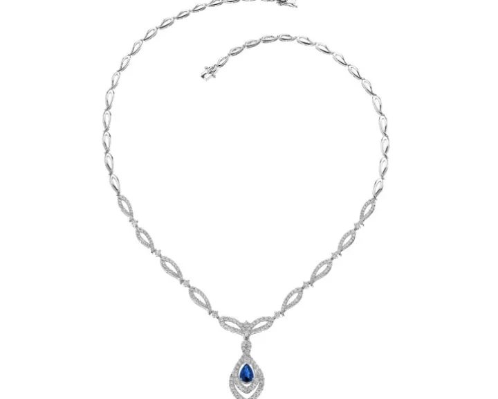 Naszyjnik z białego złota z brylantami i szafirem - 45 cm - próba 750