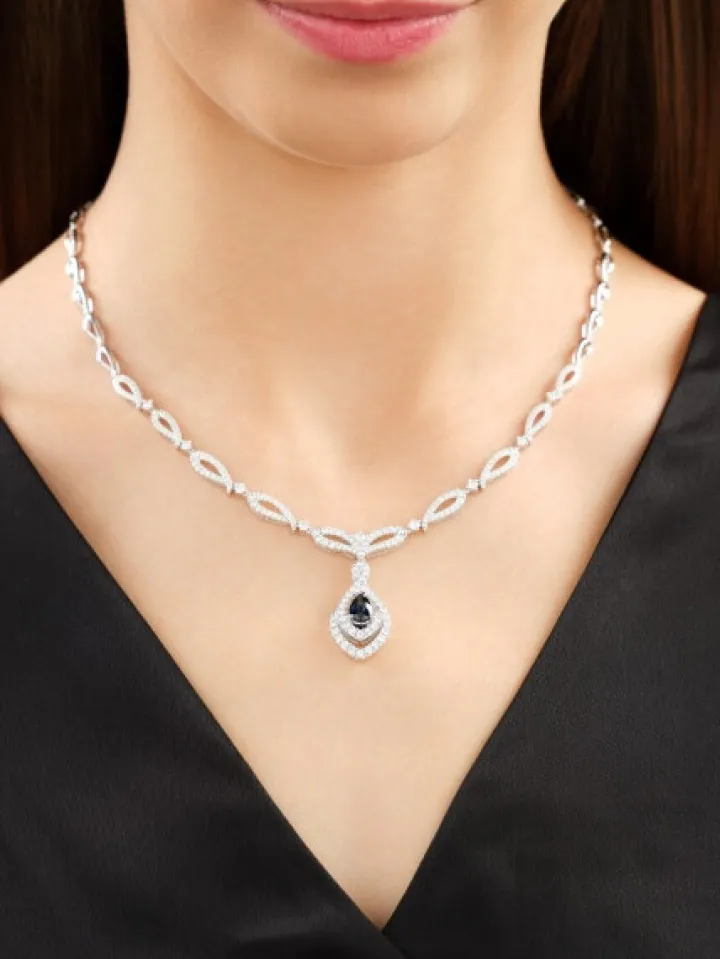 Naszyjnik z białego złota z brylantami i szafirem - 45 cm - próba 750