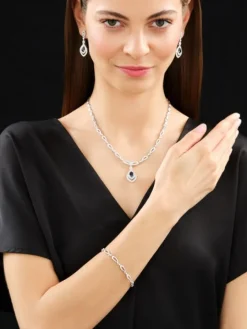 Naszyjnik z białego złota z brylantami i szafirem - 45 cm - próba 750