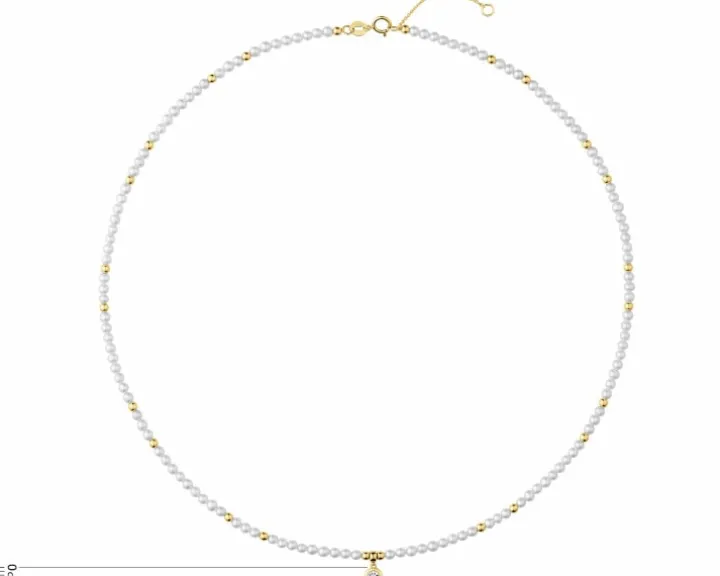 Naszyjnik z brylantem, perłami i elementami białego złota - próba 585