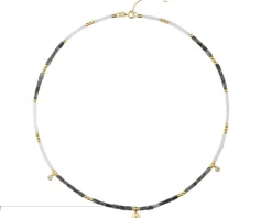 Naszyjnik z diamentami, labradorytami, kryształami górskimi i elementami żółtego i białego złota - próba 375