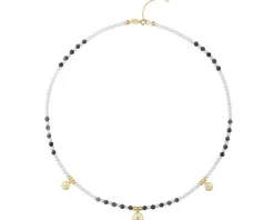 Naszyjnik z diamentem, perłami, labradorytami i elementami żółtego złota - kwiaty - próba 585