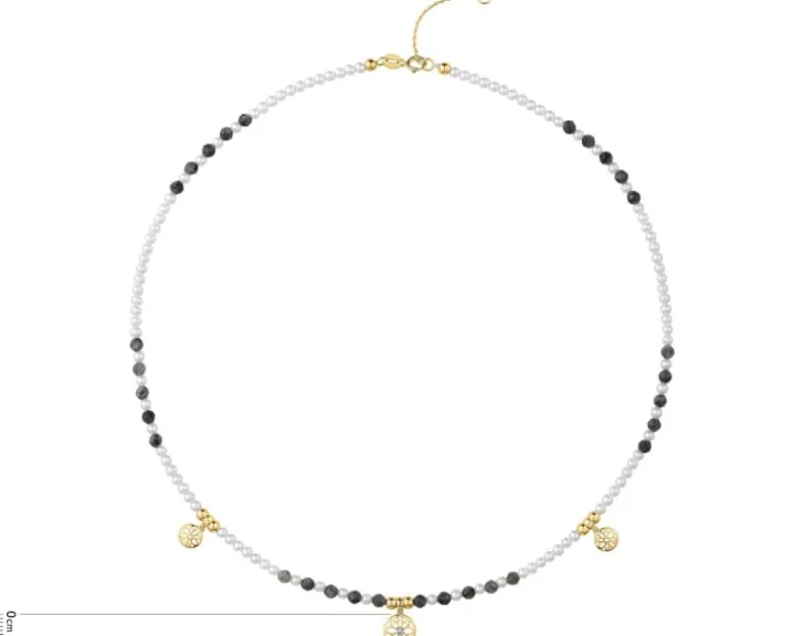 Naszyjnik z diamentem, perłami, labradorytami i elementami żółtego złota - kwiaty - próba 585