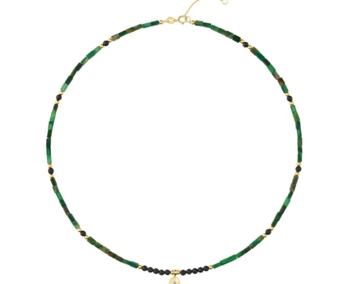 Naszyjnik z diamentem, zoisytami, agatami i elementami żółtego złota - koło - próba 375