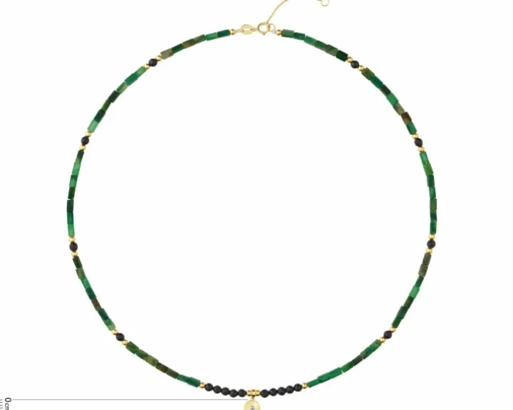 Naszyjnik z diamentem, zoisytami, agatami i elementami żółtego złota - koło - próba 375