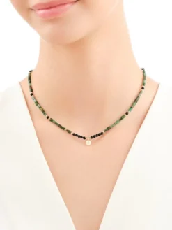 Naszyjnik z diamentem, zoisytami, agatami i elementami żółtego złota - koło - próba 375