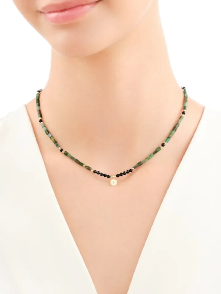 Naszyjnik z diamentem, zoisytami, agatami i elementami żółtego złota - koło - próba 375