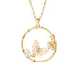 Naszyjnik z mosiądzu pozłacany z cyrkoniami i emalią - motyl, kwiaty