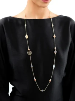 Naszyjnik z mosiądzu pozłacany z agatami, kamieniami słonecznymi i szklanymi detalami - rozeta