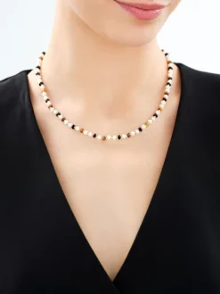 Naszyjnik z mosiądzu pozłacany z agatami, masą perłową i tygrysim okiem