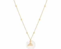 Naszyjnik z mosiądzu pozłacany z masą perłową i cyrkoniami - płetwa