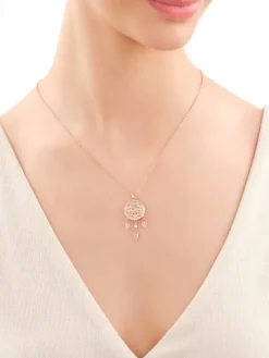 Naszyjnik z mosiądzu pozłacany z masą perłową, cyrkoniami i szklanym detalem - łapacz snów