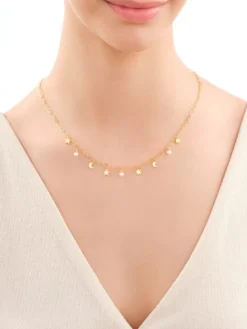 Naszyjnik z mosiądzu pozłacany z perłami - Księżyc, gwiazdy, słońce