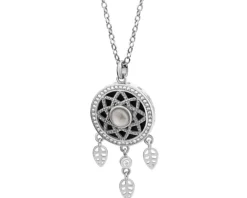 Naszyjnik z mosiądzu rodowany z agatem, cyrkoniami, masą perłową i szklanym detalem - łapacz snów