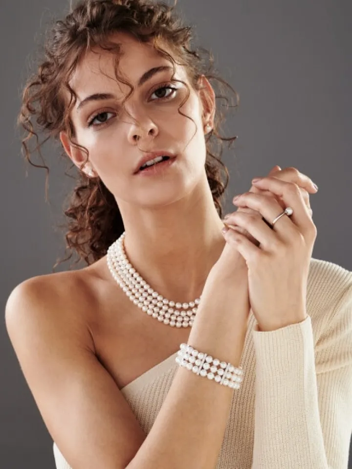 Naszyjnik z perłami, brylantami i elementami białego złota - próba 585