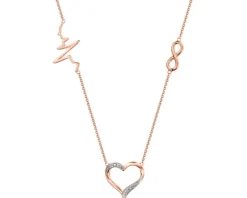 Naszyjnik z różowego złota z diamentami - serce, nieskończoność, EKG serca - 0,006 ct - próba 375