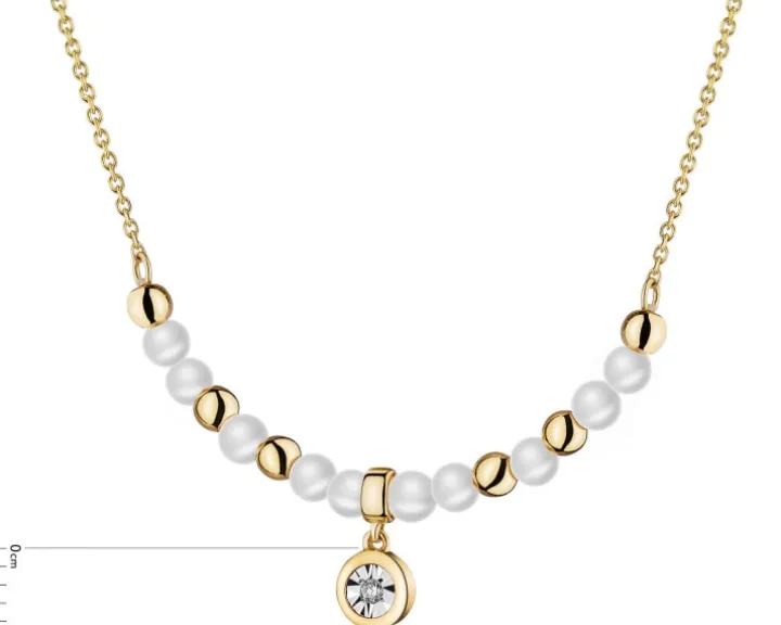 Naszyjnik z żółtego i białego złota z brylantem i perłami - próba 375