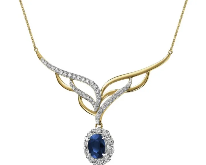 Naszyjnik z żółtego złota brylantami i szafirem - próba 585