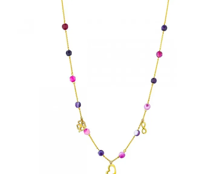 Naszyjnik z żółtego złota z agatami i diamentem - serce, koniczyna, nieskończoność - próba 375