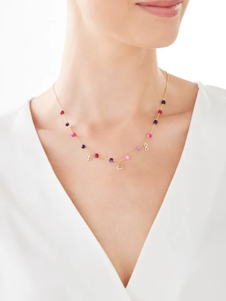 Naszyjnik z żółtego złota z agatami i diamentem - serce, koniczyna, nieskończoność - próba 375