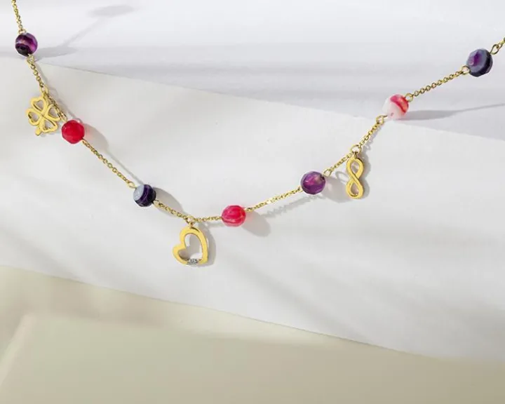 Naszyjnik z żółtego złota z agatami i diamentem - serce, koniczyna, nieskończoność - próba 375