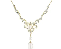 Naszyjnik z żółtego złota z brylantami i perłami - próba 585