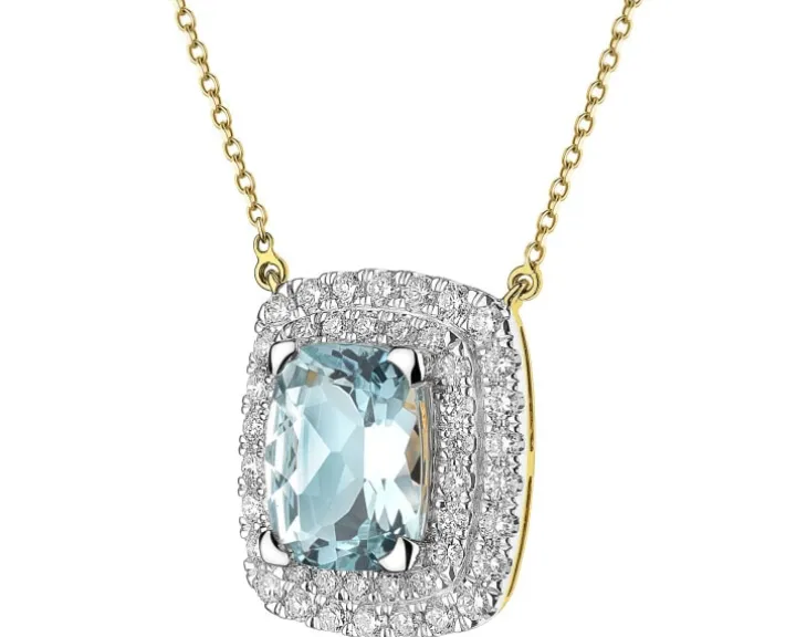 Naszyjnik z żółtego złota z brylantami i akwamarynem - próba 585