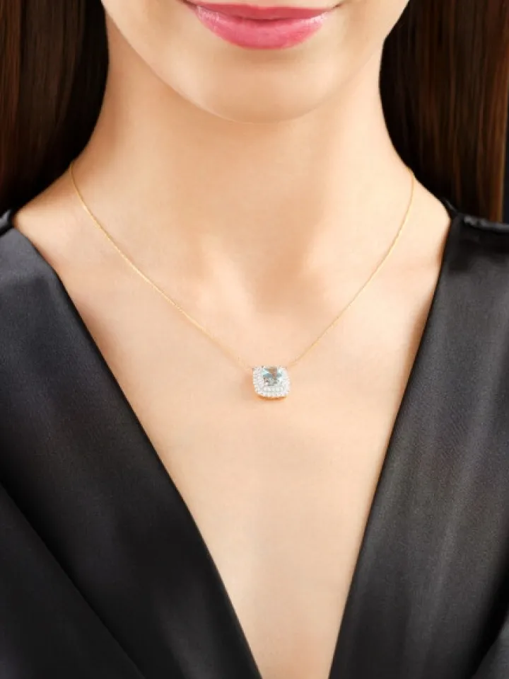 Naszyjnik z żółtego złota z brylantami i akwamarynem - próba 585