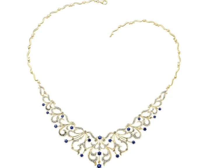 Naszyjnik z żółtego złota z brylantami i szafirami - 43 cm - próba 585