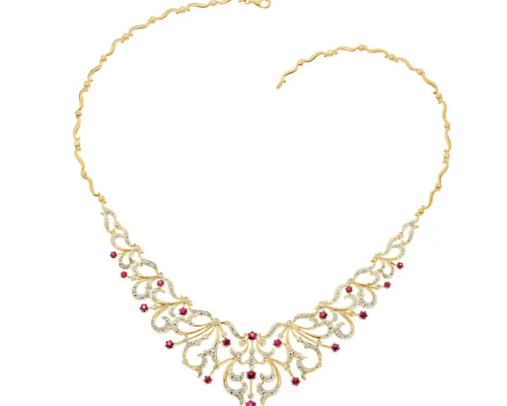 Naszyjnik z żółtego złota z brylantami i rubinami - 43 cm - próba 585