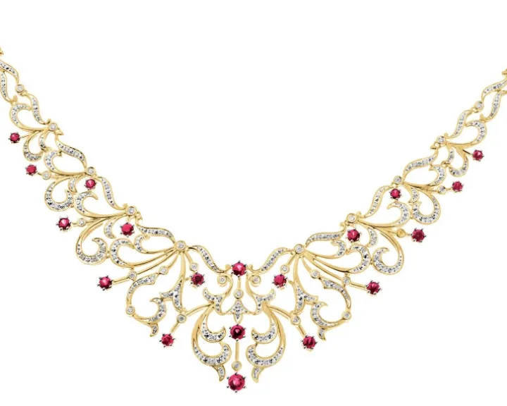 Naszyjnik z żółtego złota z brylantami i rubinami - 43 cm - próba 585