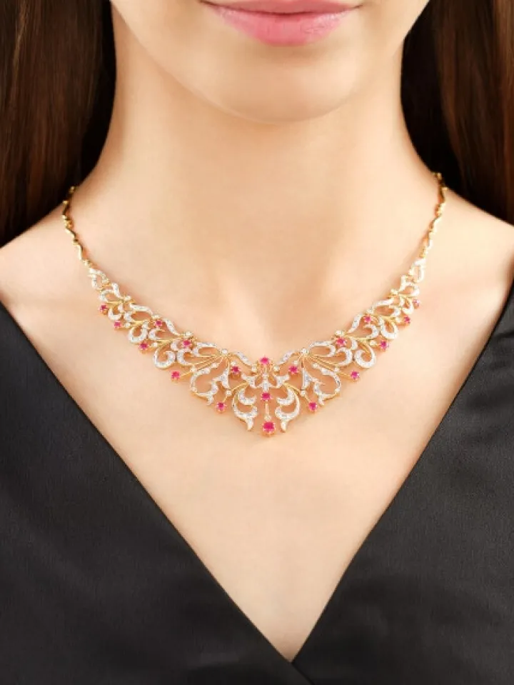 Naszyjnik z żółtego złota z brylantami i rubinami - 43 cm - próba 585