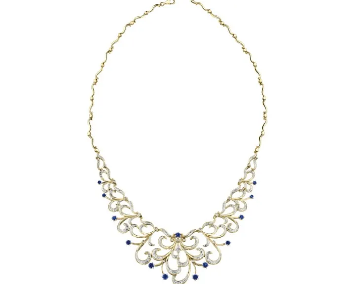 Naszyjnik z żółtego złota z brylantami i szafirami - 43 cm - próba 585