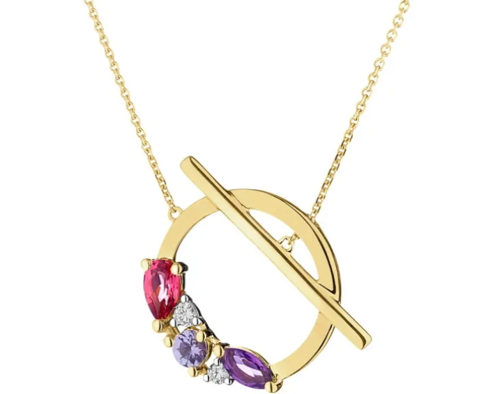 Naszyjnik z żółtego złota z brylantami, kamieniami szlachetnymi i ozdobnymi - próba 375