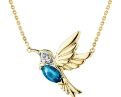 Naszyjnik z żółtego złota z diamentami i topazem London Blue - koliber - próba 585