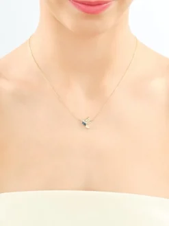 Naszyjnik z żółtego złota z diamentami i topazem London Blue - koliber - próba 585