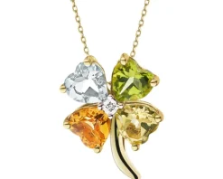 Naszyjnik z żółtego złota z diamentem i kamieniami ozdobnymi - koniczyna - próba 585