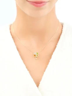 Naszyjnik z żółtego złota z diamentem i kamieniami ozdobnymi - koniczyna - próba 585