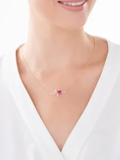 Naszyjnik z żółtego złota z diamentami i rubinem syntetycznym - EKG serca - próba 375