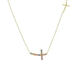 Naszyjnik z żółtego złota z diamentem, kamieniami szlachetnymi i ozdobnymi - krzyż - próba 375