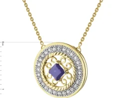 Naszyjnik z żółtego złota z diamentami i szafirem - rozeta - próba 585