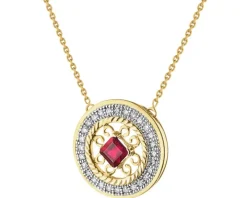Naszyjnik z żółtego złota z diamentami i rubinem - rozeta - próba 585