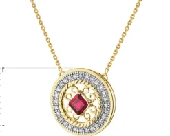 Naszyjnik z żółtego złota z diamentami  i rubinem - rozeta - próba 585