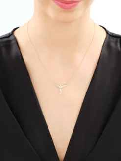 Naszyjnik z żółtego złota z diamentem - aniołek, serce - 0,003 ct - próba 375