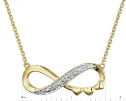 Naszyjnik z żółtego złota z diamentami - nieskończoność, serca - 0,01 ct - próba 585
